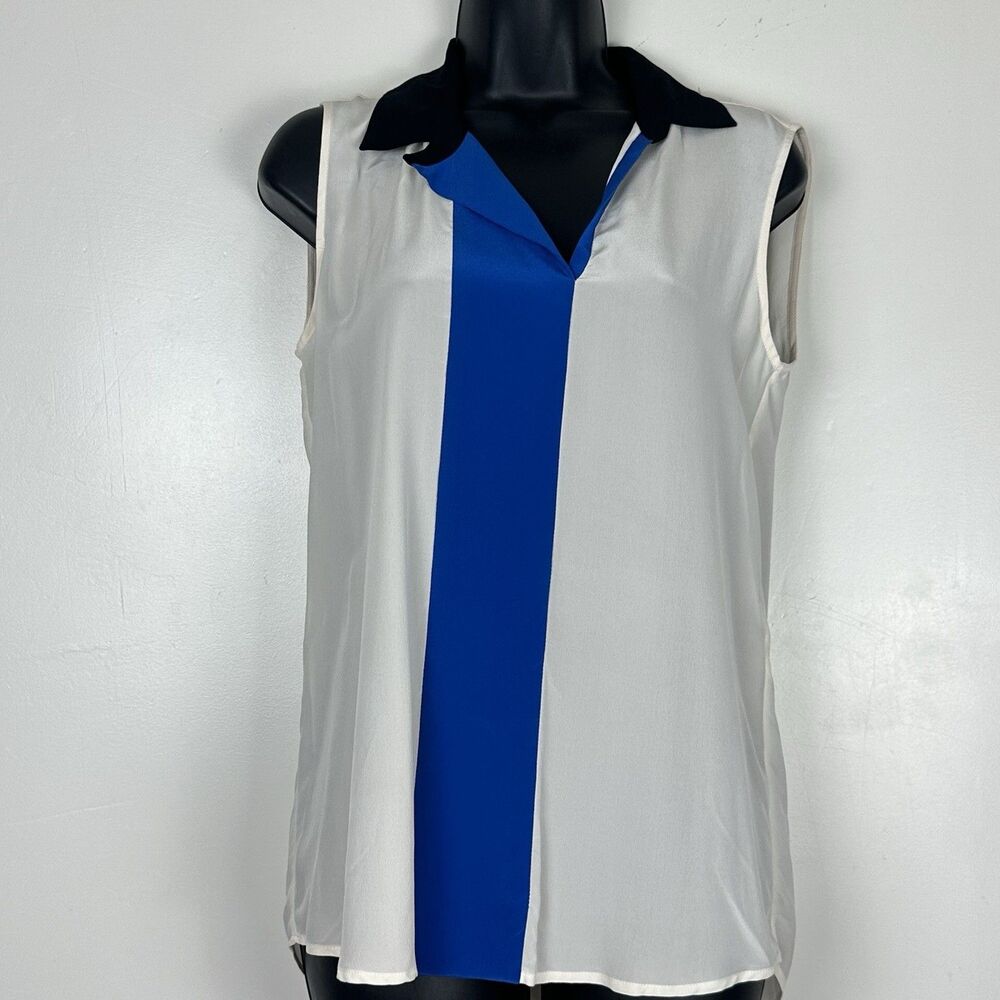 Sandro Paris  100% Silk White Blue Collared Shirt Sleeveless preppy Size 1 US S - Picture 2 of 10